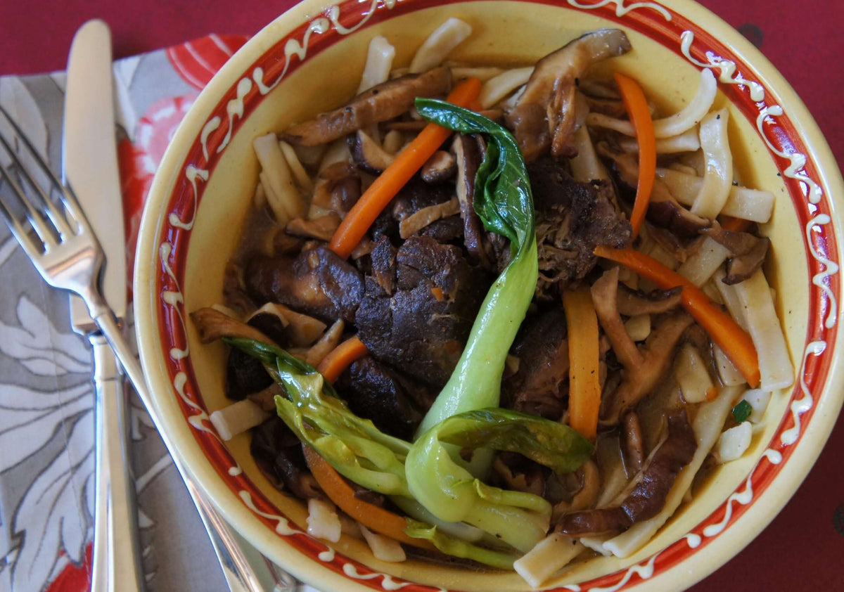 Chinese style beef with noodles and bock choy