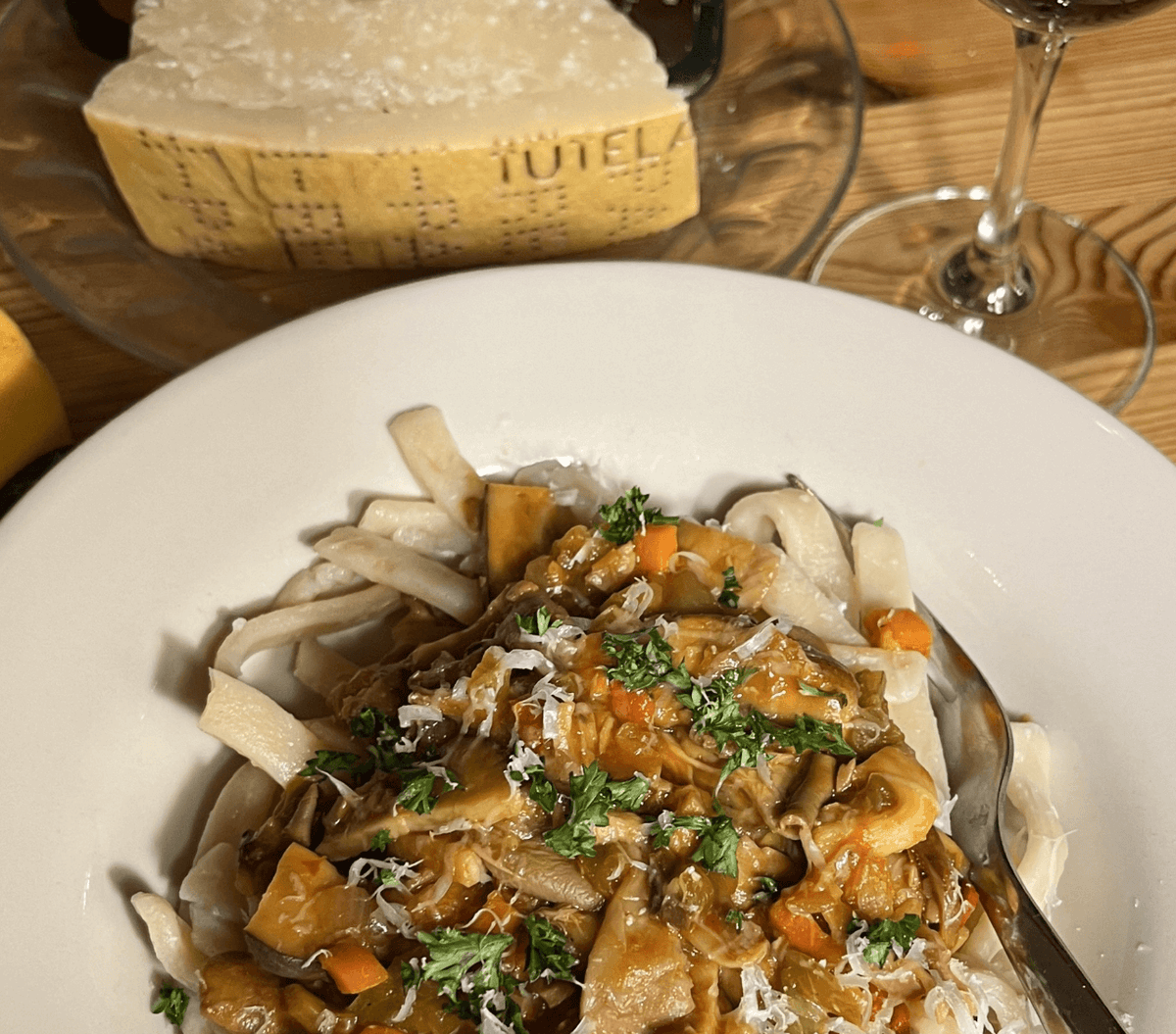 Mushroom Ragout over Wide Egg Noodles.