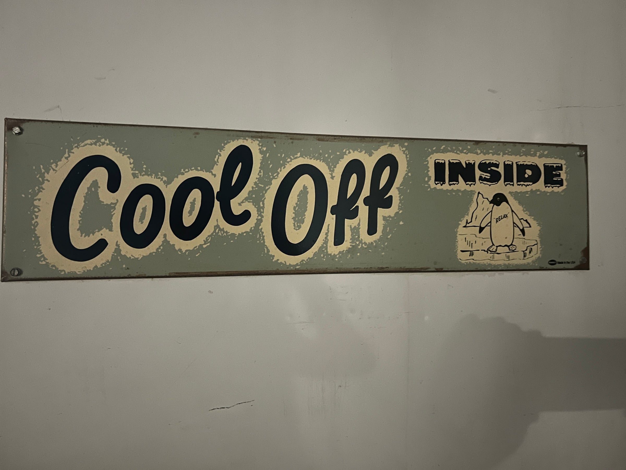 Cool Off sign outside the Grandmas Frozen Noodle facility freezer.