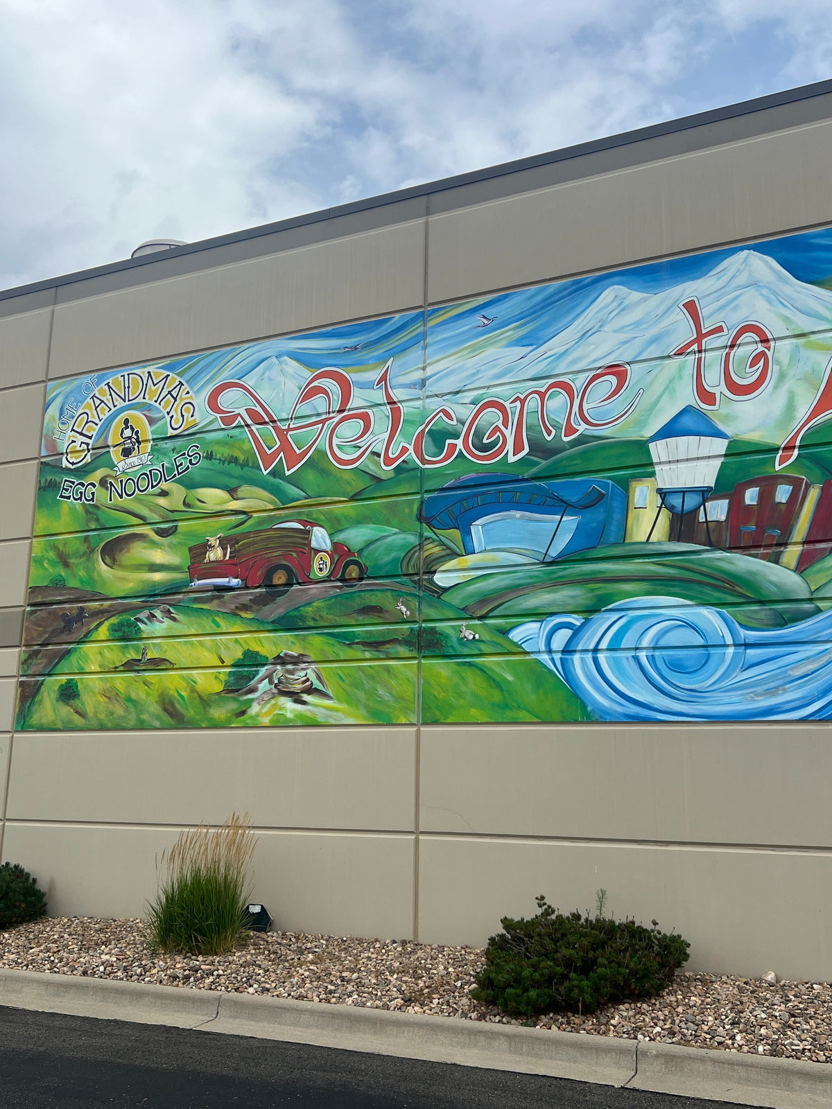 Grandma's Frozen Egg Noodle mural painted on the factory.