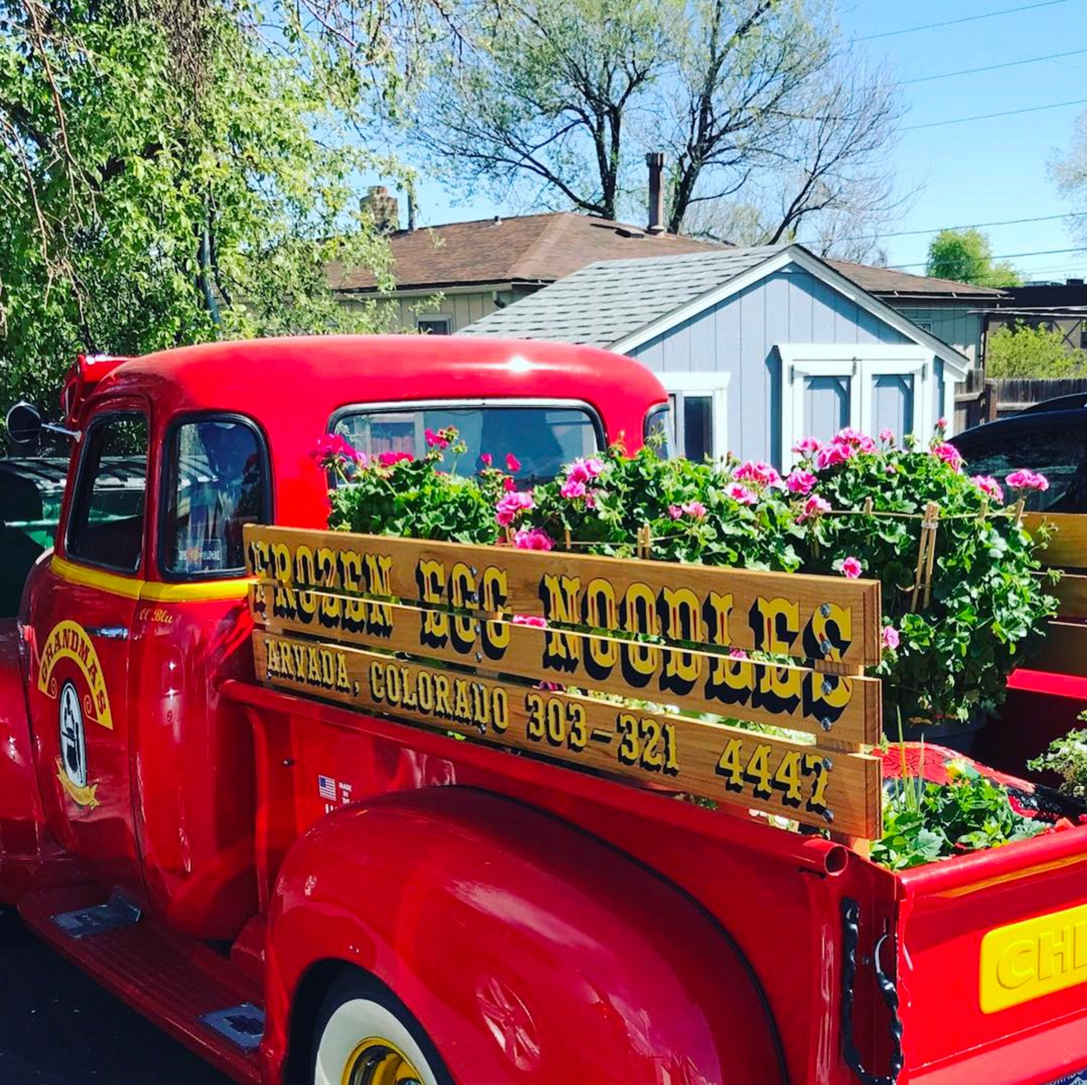 Original Grandma's pickup with flowers.