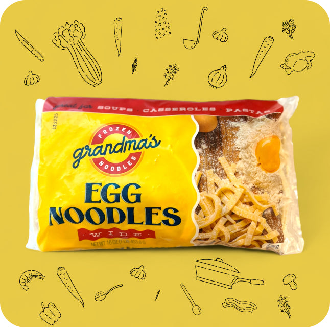 Grandma's Frozen Wide Egg noodles with illustrations of ingredients for chicken noodle soup.