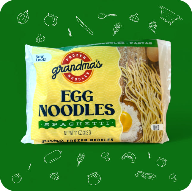 Grandma's Frozen Egg Spaghetti with illustrations of ingredients for sauces.