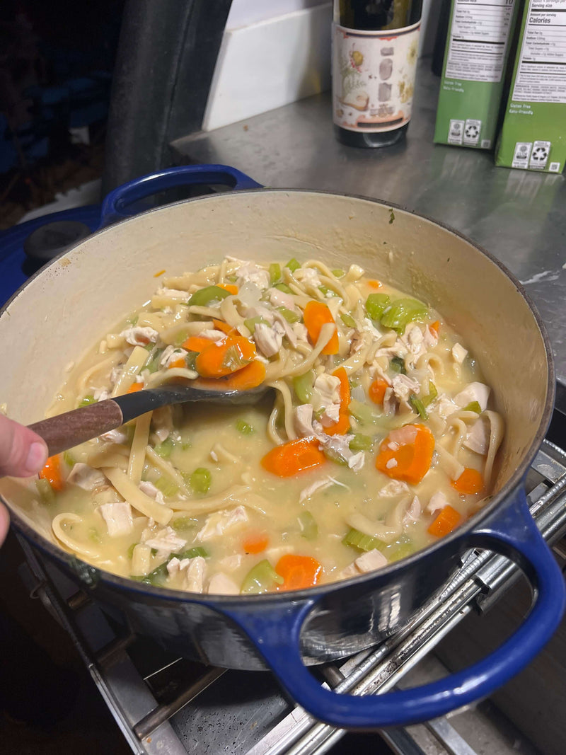 25 minutes chicken noodle soup while camping.