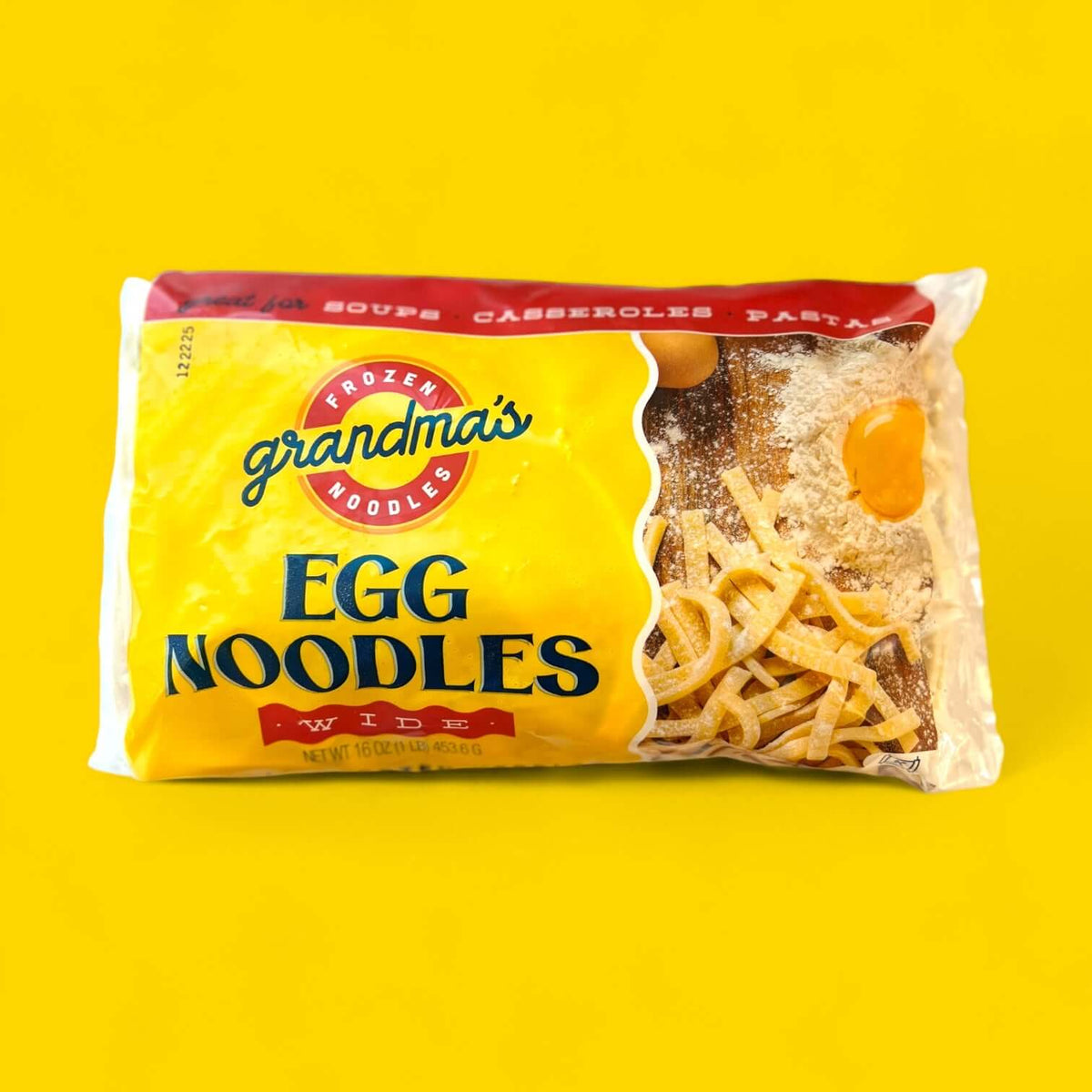 Grandma's frozen wide egg noodle packaging with logo.