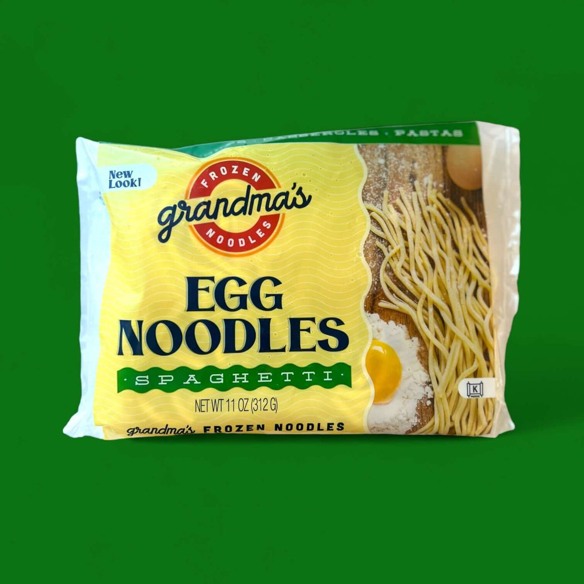 Grandma's frozen egg spaghetti packaging with logo.