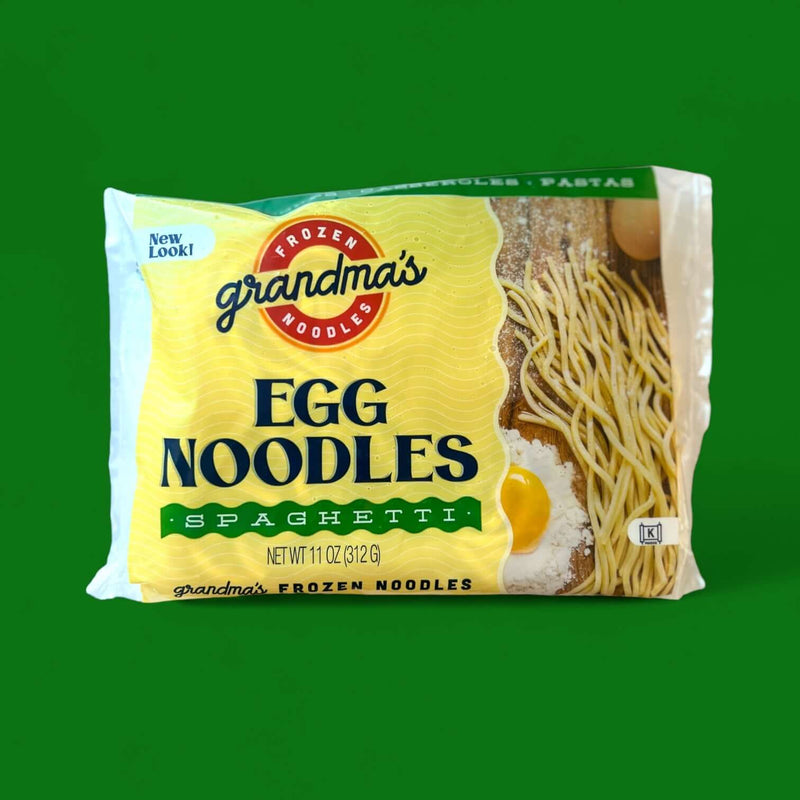 Grandma's frozen egg spaghetti packaging with logo.