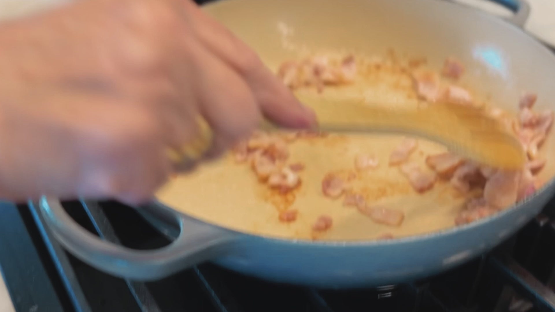 Cooking bacon, simmering chicken noodle soup, and a bowl of steaming soup.